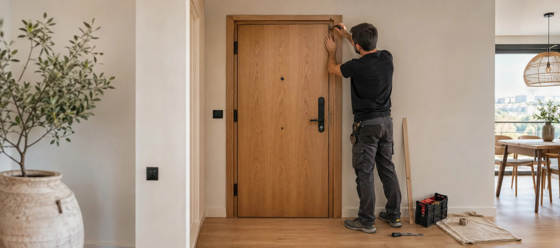 Instalador montando una puerta de madera