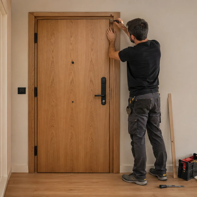 Instalador ajustando una puerta de entrada de madera