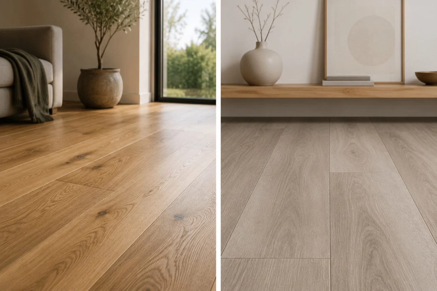 Parquet natural y suelo sintético de aspecto madera en dos estancias