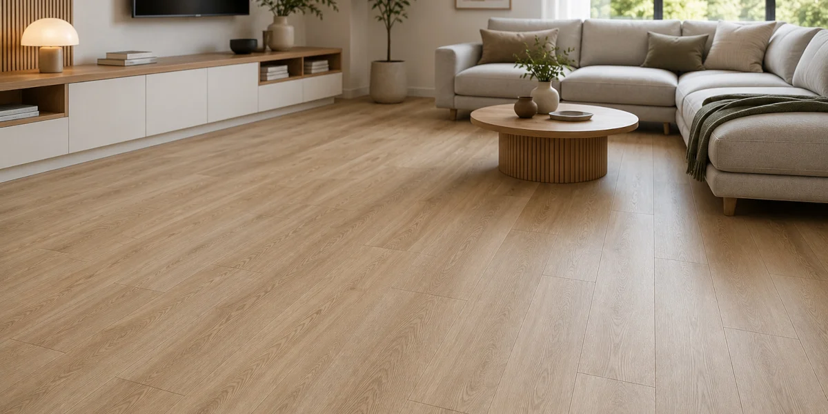 Salón con suelo laminado de tono roble claro