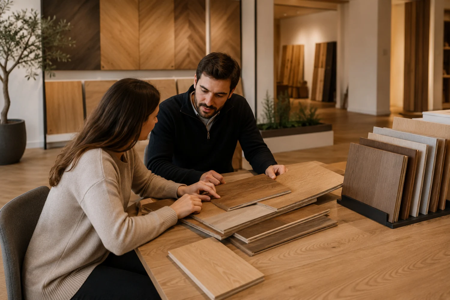 Asesoramiento a una clienta con muestras de parquet