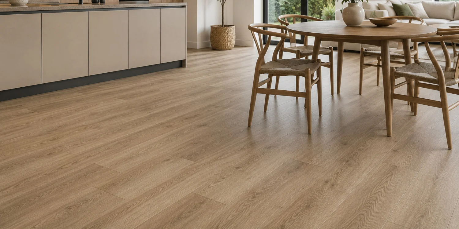 Comedor con suelo vinílico de aspecto madera