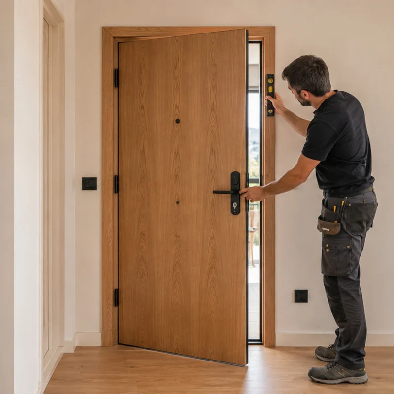 Revisión final de una puerta de madera instalada