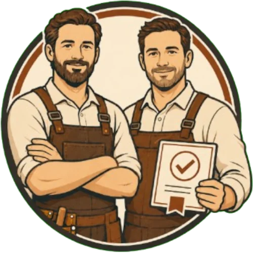 Ilustración de dos instaladores de parquet, uno con un certificado de profesional acreditado