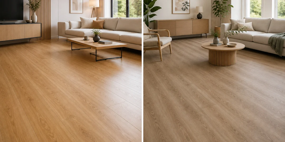 Dos salones con suelo sintético de aspecto madera