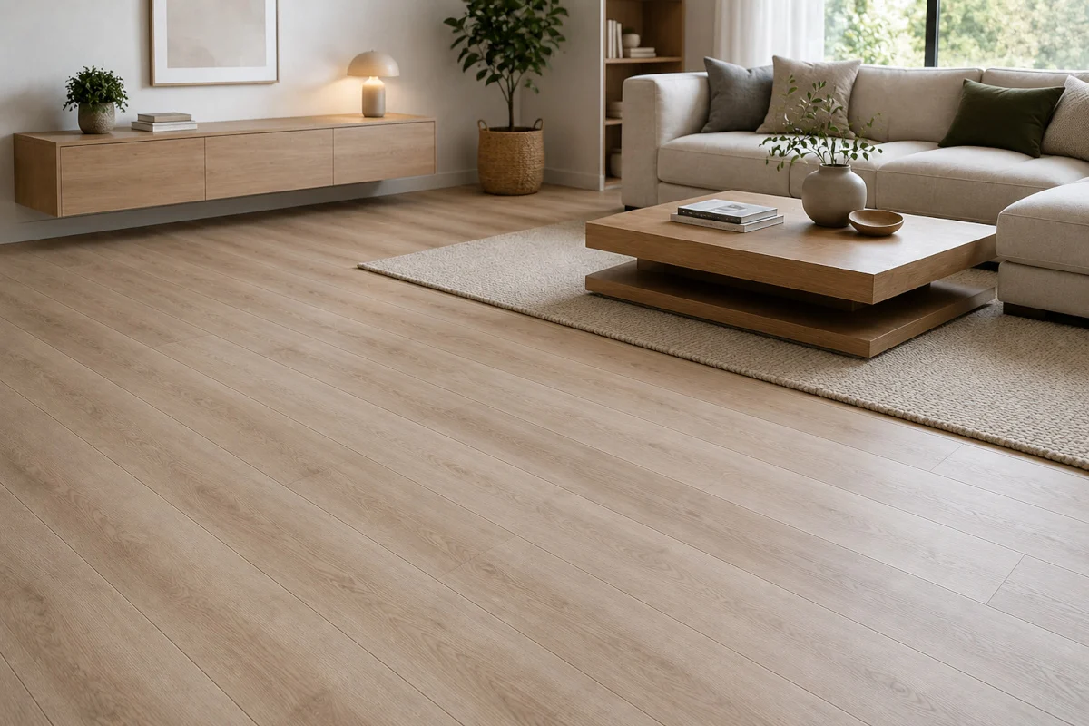 Salón con suelo laminado de aspecto roble